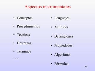 Aspectos instrumentales Conceptos Procedimientos Técnicas Destrezas Términos . . .  Lenguajes Actitudes Definiciones Propiedades Algoritmos Fórmulas Métodos. .  . 
