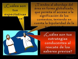 ¿Tiendes al abordaje del área en forma globalizada, que permita el acceso a la significación de los contextos, teniendo en cuenta la bipolaridad de la transmisión? ¿Cuáles son tus expectativas de logros? ¿Cuáles son tus estrategias conducentes al rescate de los saberes previos?  8 *-* 
