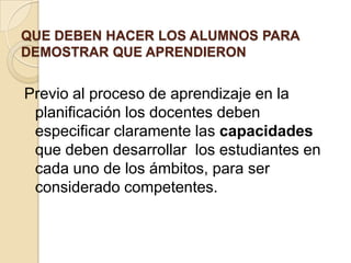 QUE DEBEN HACER LOS ALUMNOS PARA
DEMOSTRAR QUE APRENDIERON
Previo al proceso de aprendizaje en la
planificación los docentes deben
especificar claramente las capacidades
que deben desarrollar los estudiantes en
cada uno de los ámbitos, para ser
considerado competentes.
 
