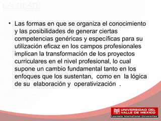 • Las formas en que se organiza el conocimiento
y las posibilidades de generar ciertas
competencias genéricas y específicas para su
utilización eficaz en los campos profesionales
implican la transformación de los proyectos
curriculares en el nivel profesional, lo cual
supone un cambio fundamental tanto en los
enfoques que los sustentan, como en la lógica
de su elaboración y operativización .
 