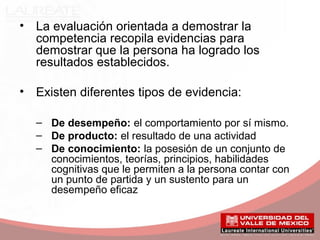 • La evaluación orientada a demostrar la
competencia recopila evidencias para
demostrar que la persona ha logrado los
resultados establecidos.
• Existen diferentes tipos de evidencia:
– De desempeño: el comportamiento por sí mismo.
– De producto: el resultado de una actividad
– De conocimiento: la posesión de un conjunto de
conocimientos, teorías, principios, habilidades
cognitivas que le permiten a la persona contar con
un punto de partida y un sustento para un
desempeño eficaz
 