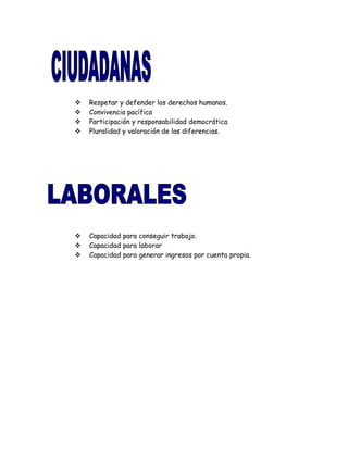  Respetar y defender los derechos humanos.
 Convivencia pacífica
 Participación y responsabilidad democrática
 Pluralidad y valoración de las diferencias.
 Capacidad para conseguir trabajo.
 Capacidad para laborar
 Capacidad para generar ingresos por cuenta propia.
 