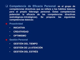  Competencia de Eficacia Personal: es el grupo de
competencias directivas que se refiere a los hábitos básicos
para el propio liderazgo personal. Estas competencias
potencian la eficacia de las competencias directivas
(estratégicas-intratégicas). Se propone las siguientes
competencias básicas:
Proactividad
• INICIATIVA
• CREATIVIDAD
• OPTIMISMO
Gestión Personal
• GESTIÓN DEL TIEMPO
• GESTIÓN DE LA ATENCIÓN
• GESTIÓN DEL ESTRÉS
 