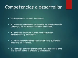 Competencias a desarrollar
 1.-Competencia cultural y artística.
 2.-Aprecia y comprende las formas de representación
(lenguaje) de las manifestaciones artísticas.
 3.- Emplea y disfruta el arte para comunicar
pensamientos y emociones
 4.-Valora las manifestaciones artísticas y culturales
propias y de los otros.
 5.- Participa activa y plenamente en el mundo del arte
y la cultura como el creador y espectador.
 