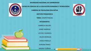 NIVERSIDAD NACIONAL DE CHIMBORAZO
FACULTAD EN CIENCIAS DE LA EDUCACIÓN HUMANAS Y TECNOLOGÍAS
CARRERA DE PSICOLOGIA EDUCATIVA
GESTION PEDAGOGICA
TEMA: COMPETENCIAS
INTEGRANTES:
GABRIELA AGUDO
HENRY BARRIGA
CECIVEL HUARACA
HELEN MORALES
JESSICA PADILLA
ADRIANA YANEZ
MAGALY ZUÑIGA
 