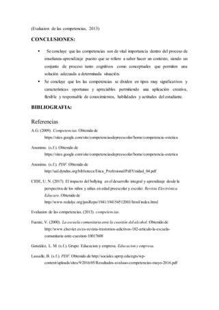 (Evaluaion de las competencias, 2013)
CONCLUSIONES:
 Se concluye que las competencias son de vital importancia dentro del proceso de
enseñanza-aprendizaje puesto que se refiere a saber hacer un contexto, siendo un
conjunto de proceso tanto cognitivos como conceptuales que permiten una
solución adecuada a determinada situación.
 Se concluye que los las competencias se dividen en tipos muy significativos y
características oportunas y apreciables permitiendo una aplicación creativa,
flexible y responsable de conocimientos, habilidades y actitudes del estudiante.
BIBLIOGRAFIA:
Referencias
A.G. (2009). Competencias. Obtenido de
https://sites.google.com/site/competenciasdepreescolar/home/competencia-estetica
Anonimo. (s.f.). Obtenido de
https://sites.google.com/site/competenciasdepreescolar/home/competencia-estetica
Anonimo. (s.f.). PDF. Obtenido de
http://ual.dyndns.org/biblioteca/Etica_Profesional/Pdf/Unidad_04.pdf
CIDE, U. N. (2017). El impacto del bullying en el desarrollo integral y aprendizaje desde la
perspectiva de los niños y niñas en edad preescolar y escolar. Revista Electrónica
Educare.Obtenido de
http://www.redalyc.org/jatsRepo/1941/194154512001/html/index.html
Evaluaion de las competencias. (2013). competencias.
Fuente, V. (2000). La escuela comunitaria ante la cuestión del alcohol. Obtenido de
http://www.elsevier.es/es-revista-trastornos-adictivos-182-articulo-la-escuela-
comunitaria-ante-cuestion-10017608
González, L. M. (s.f.). Grupo: Educacion y empresa. Educacion y empresa.
Lassalle, B. (s.f.). PDF. Obtenido de http://sociales.uprrp.edu/egts/wp-
content/uploads/sites/9/2016/05/Resultados-avaluuo-competencias-mayo-2016.pdf
 
