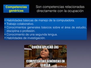 Competencias
genéricas
Son competencias relacionadas
directamente con la ocupación
• Habilidades básicas de manejo de la computadora. 
• Trabajo colaborativo. 
• Conocimientos generales básicos sobre el área de estudio,
disciplina o profesión. 
• Conocimiento de una segunda lengua. 
• Habilidades de investigación.
 