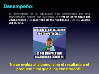 Desempeño:
El desempeño en la educación está establecido por una
manifestación externa que evidencia: el nivel de aprendizaje del
conocimiento y el desarrollo de las habilidades y de los valores
del alumno.
No se evalúa al alumno, sino el resultado o el
producto final que él ha construido!!!!
 