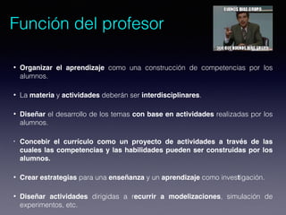 Función del profesor
• Organizar el aprendizaje como una construcción de competencias por los
alumnos.
• La materia y actividades deberán ser interdisciplinares.
• Diseñar el desarrollo de los temas con base en actividades realizadas por los
alumnos.
• Concebir el currículo como un proyecto de actividades a través de las
cuales las competencias y las habilidades pueden ser construidas por los
alumnos.
• Crear estrategias para una enseñanza y un aprendizaje como investigación.
• Diseñar actividades dirigidas a recurrir a modelizaciones, simulación de
experimentos, etc.
 