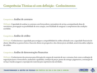 Competências Técnicas só com definição - Conhecimentos
Competência: Análise de contratos
Definição: Capacidade de analisar os contratos com fornecedores e prestadores de serviço, acompanhando datas de
vencimento, prorrogação ou possibilidade de nova cotação, com finalidade de assegurar o cumprimento das condições
acordadas.
Competência: Análise de crédito
Definição: Conhecimento e capacidade para averiguar a compatibilidade do crédito solicitado com a capacidade financeira do
cliente. Identificar os pontos fortes e fracos do cliente em prospectivo e dos clientes já em atividade, através da análise subjetiva
do crédito.
Competência: Análise de demonstrações financeiras
Definição: Conhecimento dos processos para efetivação de compras de materiais de uso e consumo, bem como a realização de
negociações junto a fornecedores, analisando a qualidade, condição de preços, prazos de entrega e pagamentos, contratação de
serviços visando assegurar a reposição dos materiais para suprimento das atividades.
 