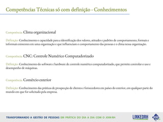 Competências Técnicas só com definição - Conhecimentos
Competência: Clima organizacional
Definição: Conhecimento e capacidade para a identificação dos valores, atitudes e padrões de comportamento, formais e
informais existentes em uma organização e que influenciam o comportamento das pessoas e o clima nessa organização.
Competência: CNC: Controle Numérico Computadorizado
Definição: Conhecimento do software e hardware de controle numérico computadorizado, que permite controlar o uso e
desempenho de máquinas.
Competência: Comércio exterior
Definição: Conhecimento das práticas de prospecção de clientes e fornecedores em países do exterior, em qualquer parte do
mundo em que for solicitado pela empresa.
 