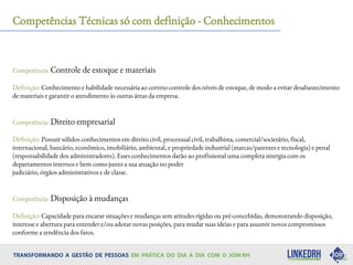 Competências Técnicas só com definição - Conhecimentos
Competência: Controle de estoque e materiais
Definição: Conhecimento e habilidade necessária ao correto controle dos níveis de estoque, de modo a evitar desabastecimento
de materiais e garantir o atendimento às outras áreas da empresa.
Competência: Direito empresarial
Definição: Possuir sólidos conhecimentos em direito civil, processual civil, trabalhista, comercial/societário, fiscal,
internacional, bancário, econômico, imobiliário, ambiental, e propriedade industrial (marcas/patentes e tecnologia) e penal
(responsabilidade dos administradores). Esses conhecimentos darão ao profissional uma completa sinergia com os
departamentos internos e bem como junto a sua atuação no poder
judiciário, órgãos administrativos e de classe.
Competência: Disposição à mudanças
Definição: Capacidade para encarar situações e mudanças sem atitudes rígidas ou pré-concebidas, demonstrando disposição,
interesse e abertura para entender e/ou adotar novas posições, para mudar suas ideias e para assumir novos compromissos
conforme a tendência dos fatos.
 