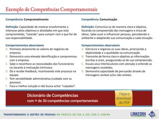 Competência: Comprometimento
Definição: Capacidade de mostrar envolvimento e
interesse pelos objetivos e atividades em que está
comprometido, "lutando" para cumprir com o que for de
sua responsabilidade.
Comportamentos observáveis
A. Promove ativamente os valores de negócios da
empresa.
B. Demonstra uma elevada identificação e compromisso
com a empresa.
C. Sabe e reconhece as necessidades dos funcionários
no tocante à motivação intrínseca.
D. Dá e recebe feedback, incentivando este processo na
equipe.
E. Tem sensibilidade administrativa (cuidado com as
pessoas).
F. Foca a melhor solução e não busca achar “culpados”.
Competência: Comunicação
Definição: Comunica-se de maneira clara e objetiva,
focando na compreensão das mensagens e troca de
ideias. Sabe ouvir e influenciar pessoas, percebendo o
ambiente e adaptando sua comunicação a cada situação.
Comportamentos observáveis
A. Estrutura e organiza as suas ideias, priorizando a
objetividade e a qualidade na comunicação.
B. Transmite de forma clara e objetiva as informações
escritas e orais, assegurando-se de sua compreensão.
C. Escuta seus interlocutores com atenção e entende as
mensagens recebidas.
D. Demonstra capacidade de persuasão através de
mensagens verbais e/ou não verbais.
Exemplo de Competências Comportamentais
 