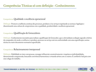 Competências Técnicas só com definição - Conhecimentos
Competência: Qualidade e excelência operacional
Definição: Promove a melhoria contínua dos processos, produtos e/ou serviços respeitando as normas e legislação e
disseminando uma cultura de compromisso com a qualidade, produtividade e excelência operacional.
Competência: Qualificação de fornecedores
Definição: Conhecimento necessário para realizar a qualificação do fornecedor, que se dá mediante avaliação segundo critérios
do comprador, de modo a verificar se o produto, processo ou serviço está em conformidade com uma especificação, norma
técnica ou outro documento normativo especificado.
Competência: Relacionamento interpessoal
Definição: Habilidade no trato com pessoas, consegue influenciar construtivamente e respeitar as individualidades,
demonstrando compreensão, buscando convivência harmoniosa e evitando atritos com os outros. É confiável e leal para com
seus colegas de trabalho.
 