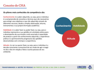 Os pilares mais conhecidos da competência são:
Conhecimento: é o saber adquirido, ou seja, para o indivíduo
é a compreensão de conceitos e técnicas que são necessários
para atingir seus objetivos e que são adquiridos através de
diferentes recursos, desde a simples observação, leituras,
treinamentos e sua própria formação acadêmica.
Habilidade: é o saber fazer ou poder fazer, ou seja, para o
indivíduo representa a sua aptidão em atividade prática para
o desempenho de sua missão e está associada à capacidade
de produzir a partir do conhecimento adquirido, a experiência
prática e o aprimoramento progressivo das aptidões
desenvolvidas com o tempo e a experiência.
Atitude: é o ser ou querer fazer, ou seja, para o indivíduo é a
decisão consciente e emocional de seu modo de agir e reagir
no dia-a-dia em relação a fatos e outras pessoas de seu
ambiente.
Conceito do CHA
Conhecimento Habilidade
Atitude
 