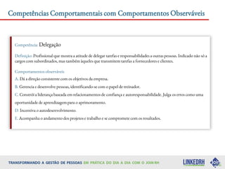 Competências Comportamentais com Comportamentos Observáveis
Competência: Delegação
Definição: Profissional que mostra a atitude de delegar tarefas e responsabilidades a outras pessoas. Indicado não só a
cargos com subordinados, mas também àqueles que transmitem tarefas a fornecedores e clientes.
Comportamentos observáveis
A. Dá a direção consistente com os objetivos da empresa.
B. Gerencia e desenvolve pessoas, identificando-se com o papel de treinador.
C. Constrói a liderança baseada em relacionamentos de confiança e autoresponsabilidade. Julga os erros como uma
oportunidade de aprendizagem para o aprimoramento.
D. Incentiva o autodesenvolvimento.
E. Acompanha o andamento dos projetos e trabalho e se compromete com os resultados.
 