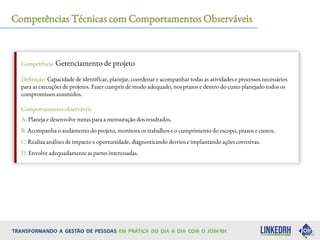 Competências Técnicas com Comportamentos Observáveis
Competência: Gerenciamento de projeto
Definição: Capacidade de identificar, planejar, coordenar e acompanhar todas as atividades e processos necessários
para as execuções de projetos. Fazer cumprir de modo adequado, nos prazos e dentro do custo planejado todos os
compromissos assumidos.
Comportamentos observáveis
A. Planeja e desenvolve metas para a mensuração dos resultados.
B. Acompanha o andamento do projeto, monitora os trabalhos e o cumprimento do escopo, prazos e custos.
C. Realiza análises de impacto e oportunidade, diagnosticando desvios e implantando ações corretivas.
D. Envolve adequadamente as partes interessadas.
 