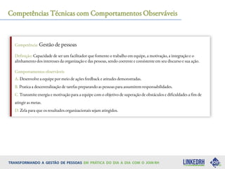 Competências Técnicas com Comportamentos Observáveis
Competência: Gestão de pessoas
Definição: Capacidade de ser um facilitador que fomente o trabalho em equipe, a motivação, a integração e o
alinhamento dos interesses da organização e das pessoas, sendo coerente e consistente em seu discurso e sua ação.
Comportamentos observáveis
A. Desenvolve a equipe por meio de ações feedback e atitudes demonstradas.
B. Pratica a descentralização de tarefas preparando as pessoas para assumirem responsabilidades.
C. Transmite energia e motivação para a equipe com o objetivo de superação de obstáculos e dificuldades a fim de
atingir as metas.
D. Zela para que os resultados organizacionais sejam atingidos.
 