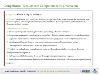 Competências Técnicas com Comportamentos Observáveis
Competência: Orientação para resultado
Definição: Capacidade de saber identificar e priorizar ações que contribuam para o resultado. Estar orientado para
resultados significa também agir de forma empreendedora na busca de ações preventivas, de forma a facilitar o
alcance do resultado esperado.
Comportamentos observáveis
A. Traduz as estratégias em objetivos, propondo os planos de ação de forma estruturada.
B. Compreende uma situação, entende a relação causa-efeito e distingue o que é relevante/prioritário do que não é.
C. Diagnostica objetivamente e soluciona problemas individuais e grupais com foco nos objetivos e resultados
D. Identifica e qualifica com clareza os recursos necessários para o desenvolvimento de suas tarefas.
E. Tem compromisso com os marcos e prazos dos projetos e trabalhos.
F. Tem foco em qualidade e em resultados, sendo confiável à delegação de trabalhos ou projetos. Apresenta
abordagem de melhores práticas.
G. Define as necessidades financeiras de sua área de atuação e cumpre o orçamento proposto.
H. Atua de forma economicamente focada, mobilizando recursos de forma eficaz e eficiente para atingir os objetivos
propostos.
 