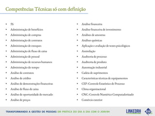 Competências Técnicas só com definição
• 5S
• Administração de benefícios
• Administração de compras
• Administração de contratos
• Administração de estoques
• Administração de fluxo de caixa
• Administração de pessoal
• Administração de recursos humanos
• Administração do tempo
• Análise de contratos
• Análise de crédito
• Análise de demonstrações financeiras
• Análise de fluxo de caixa
• Análise de oportunidade do mercado
• Análise de preços
• Análise financeira
• Análise financeira de investimento
• Análises de amostras
• Análises químicas
• Aplicação e avaliação de testes psicológicos
• Assimilação
• Auditoria de processo
• Auditoria de produto
• Automação industrial
• Cadeia de suprimentos
• Características técnicas de equipamentos
• CEP: Controle Estatístico de Processo
• Clima organizacional
• CNC: Controle Numérico Computadorizado
• Comércio exterior
 