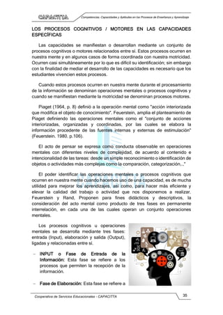Competencias, Capacidades y Aptitudes en los Procesos de Enseñanza y Aprendizaje
Cooperativa de Servicios Educacionales - CAPACITTA 35
LOS PROCESOS COGNITIVOS / MOTORES EN LAS CAPACIDADES
ESPECÍFICAS
Las capacidades se manifiestan o desarrollan mediante un conjunto de
procesos cognitivos o motores relacionados entre sí. Estos procesos ocurren en
nuestra mente y en algunos casos de forma coordinada con nuestra motricidad.
Ocurren casi simultáneamente por lo que es difícil su identificación; sin embargo
con la finalidad de mediar el desarrollo de las capacidades es necesario que los
estudiantes vivencien estos procesos.
Cuando estos procesos ocurren en nuestra mente durante el procesamiento
de la información se denominan operaciones mentales o procesos cognitivos y
cuando se manifiestan mediante la motricidad se denominan procesos motores.
Piaget (1964, p. 8) definió a la operación mental como "acción interiorizada
que modifica el objeto de conocimiento". Feuerstein, amplia el planteamiento de
Piaget definiendo las operaciones mentales como el "conjunto de acciones
interiorizadas, organizadas y coordinadas, por las cuales se elabora la
información procedente de las fuentes internas y externas de estimulación"
(Feuerstein. 1980. p.106).
EI acto de pensar se expresa como conducta observable en operaciones
mentales con diferentes niveles de complejidad, de acuerdo al contenido e
intencionalidad de las tareas: desde un simple reconocimiento o identificación de
objetos o actividades más complejas como la comparación, categorización,.,"
El poder identificar las operaciones mentales o procesos cognitivos que
ocurren en nuestra mente cuando hacemos uso de una capacidad, es de mucha
utilidad para mejorar los aprendizajes, así como, para hacer más eficiente y
elevar la calidad del trabajo o actividad que nos disponemos a realizar.
Feuerstein y Rand, Proponen para fines didácticos y descriptivos, la
consideración del acto mental como producto de tres fases en permanente
interrelación, en cada una de las cuales operan un conjunto operaciones
mentales.
Los procesos cognitivos u operaciones
mentales se desarrolla mediante tres fases:
entrada (Input), elaboración y salida (Output),
ligadas y relacionadas entre sí.
 INPUT o Fase de Entrada de la
Información: Esta fase se refiere a los
procesos que permiten la recepción de la
información.
 Fase de Elaboración: Esta fase se refiere a
 