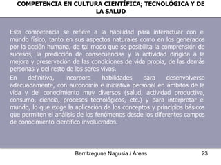 Esta competencia se refiere a la habilidad para interactuar con el mundo físico, tanto en sus aspectos naturales como en los generados por la acción humana, de tal modo que se posibilita la comprensión de sucesos, la predicción de consecuencias y la actividad dirigida a la mejora y preservación de las condiciones de vida propia, de las demás personas y del resto de los seres vivos. En definitiva, incorpora habilidades para desenvolverse adecuadamente, con autonomía e iniciativa personal en ámbitos de la vida y del conocimiento muy diversos (salud, actividad productiva, consumo, ciencia, procesos tecnológicos, etc.) y para interpretar el mundo, lo que exige la aplicación de los conceptos y principios básicos que permiten el análisis de los fenómenos desde los diferentes campos de conocimiento científico involucrados. COMPETENCIA EN CULTURA CIENTÍFICA; TECNOLÓGICA Y DE LA SALUD 