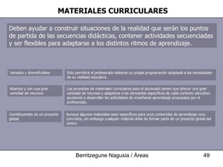 MATERIALES CURRICULARES Deben ayudar a construir situaciones de la realidad que serán los puntos de partida de las secuencias didácticas, contener actividades secuenciadas y ser flexibles para adaptarse a los distintos ritmos de aprendizaje. Características que deberían cumplir los materiales curriculares: Esto permitirá al profesorado elaborar su propia programación adaptada a las necesidades de su realidad educativa. Variados y diversificables Los proyectos de materiales curriculares para el alumnado tienen que ofrecer una gran variedad de recursos y adaptarse a las demandas específicas de cada contexto educativo ayudando a desarrollar las actividades de enseñanza aprendizaje propuestas por el profesorado.  Abiertos y con una gran variedad de recursos Aunque algunos materiales sean específicos para unos contenidos de aprendizaje muy concretos, sin embargo cualquier material debe de formar parte de un proyecto global del centro.  Constituyentes de un proyecto global 