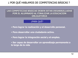 ¿ POR QUÉ HABLAMOS DE COMPETENCIAS BÁSICAS ? LAS COMPETECIAS BÁSICAS DEBEN ESTAR DESARROLLADAS POR EL ALUMNADO AL FINALIZAR LA EDUCACIÓN OBLIGATORIA ¿PARA QUÉ? Para lograr la realización y el desarrollo personal. Para desarrollar una ciudadanía activa. Para lograr la integración social y el empleo. Ser capaz de desarrollar un aprendizaje permanente a lo largo de la vida 