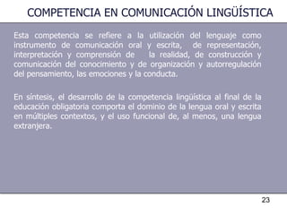 Esta competencia se refiere a la utilización del lenguaje como instrumento de comunicación oral y escrita,  de representación, interpretación y comprensión de  la realidad, de construcción y comunicación del conocimiento y de organización y autorregulación del pensamiento, las emociones y la conducta. En síntesis, el desarrollo de la competencia lingüística al final de la educación obligatoria comporta el dominio de la lengua oral y escrita en múltiples contextos, y el uso funcional de, al menos, una lengua extranjera. COMPETENCIA EN COMUNICACIÓN LINGÜÍSTICA 