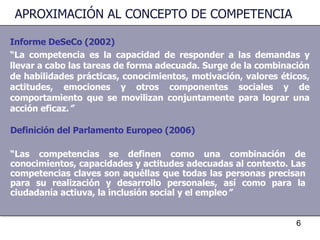 APROXIMACIÓN AL CONCEPTO DE COMPETENCIA Informe  DeSeCo (2002) “ La competencia es la capacidad de responder a las demandas y llevar a cabo las tareas de forma adecuada. Surge de la combinación de habilidades prácticas, conocimientos, motivación, valores éticos, actitudes, emociones y otros componentes sociales y de comportamiento que se movilizan conjuntamente para lograr una acción eficaz. ” Definición del Parlamento Europeo (2006) “ Las competencias se definen como una combinación de conocimientos, capacidades y actitudes adecuadas al contexto. Las competencias claves son aquéllas que todas las personas precisan para su realización y desarrollo personales, así como para la ciudadanía actiuva, la inclusión social y el empleo ” 