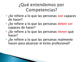 ¿Se refiere a lo que las personas  son  capaces de hacer? ¿Se refiere a lo que las personas  deben ser  capaces de hacer? ¿Se refiere a lo que las personas  tienen  que hacer? ¿Se refiere a lo que las personas realmente hacen para alcanzar el éxito profesional? 