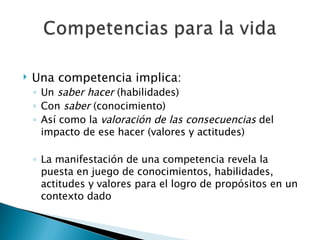 Una competencia implica: Un  saber hacer  (habilidades) Con  saber  (conocimiento) Así como la  valoración de las consecuencias  del impacto de ese hacer (valores y actitudes) La manifestación de una competencia revela la puesta en juego de conocimientos, habilidades, actitudes y valores para el logro de propósitos en un contexto dado 