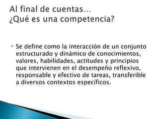 Se define como la interacción de un conjunto estructurado y dinámico de conocimientos, valores, habilidades, actitudes y principios que intervienen en el desempeño reflexivo, responsable y efectivo de tareas, transferible a diversos contextos específicos. 