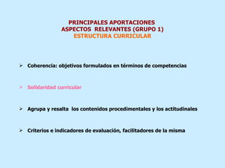 PRINCIPALES APORTACIONES  ASPECTOS  RELEVANTES (GRUPO 1) ESTRUCTURA CURRICULAR <ul><li>Coherencia: objetivos formulados en...