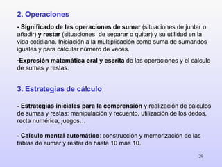 <ul><li>2. Operaciones </li></ul><ul><li>-   Significado de las operaciones de sumar  (situaciones de juntar o añadir)  y ...