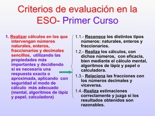Criterios de evaluación en la ESO-  Primer Curso <ul><li>1.1.-  Reconoce  los distintos tipos números: naturales, enteros ...