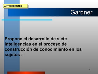 Propone el desarrollo de siete inteligencias en el proceso de construcción de conocimiento en los sujetos :  ANTECEDENTES Gardner   