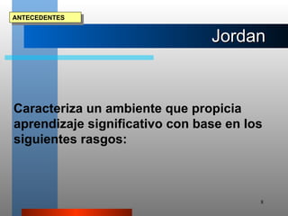 Caracteriza un ambiente que propicia aprendizaje significativo con base en los siguientes rasgos:  ANTECEDENTES Jordan  