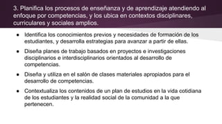3. Planifica los procesos de enseñanza y de aprendizaje atendiendo al
enfoque por competencias, y los ubica en contextos disciplinares,
curriculares y sociales amplios.
● Identifica los conocimientos previos y necesidades de formación de los
estudiantes, y desarrolla estrategias para avanzar a partir de ellas.
● Diseña planes de trabajo basados en proyectos e investigaciones
disciplinarios e interdisciplinarios orientados al desarrollo de
competencias.
● Diseña y utiliza en el salón de clases materiales apropiados para el
desarrollo de competencias.
● Contextualiza los contenidos de un plan de estudios en la vida cotidiana
de los estudiantes y la realidad social de la comunidad a la que
pertenecen.
 