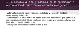 2. Es sensible al arte y participa en la apreciación e
interpretación de sus expresiones en distintos géneros.
• Valora el arte como manifestación de la belleza y expresión de ideas,
sensaciones y emociones.
• Experimenta el arte como un hecho histórico compartido que permite la
comunicación entre individuos y culturas en el tiempo y el espacio, a la vez que
desarrolla un sentido de identidad.
• Participa en prácticas relacionadas con el arte.
 