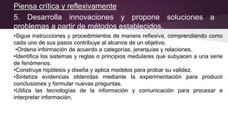 Piensa crítica y reflexivamente
5. Desarrolla innovaciones y propone soluciones a
problemas a partir de métodos establecidos.
•Sigue instrucciones y procedimientos de manera reflexiva, comprendiendo como
cada uno de sus pasos contribuye al alcance de un objetivo.
•Ordena información de acuerdo a categorías, jerarquías y relaciones.
•Identifica los sistemas y reglas o principios medulares que subyacen a una serie
de fenómenos.
•Construye hipótesis y diseña y aplica modelos para probar su validez.
•Sintetiza evidencias obtenidas mediante la experimentación para producir
conclusiones y formular nuevas preguntas.
•Utiliza las tecnologías de la información y comunicación para procesar e
interpretar información.
 