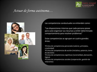 Actuar de forma autónoma… Las competencias conductuales se entienden como: “ Las disposiciones internas que cada persona posee para auto-organizar sus recursos y emitir determinado comportamiento para resolver problemas” Estas competencias se agrupan en cuatro grandes áreas: El área de competencias personales (valores ,principios, creatividad) El área de competencias de acción (iniciativa, potencia, toma de decisión) El área de competencias cognitivas (racionalidad, planeación, lógica) El área de competencias sociales (cooperación, gestión de relaciones) 