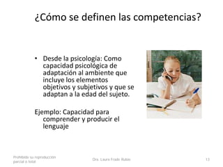 ¿Cómo se definen las competencias?
• Desde la psicología: Como
capacidad psicológica de
adaptación al ambiente que
incluye los elementos
objetivos y subjetivos y que se
adaptan a la edad del sujeto.
Ejemplo: Capacidad para
comprender y producir el
lenguaje
Prohibida su reproducción
parcial o total
Dra. Laura Frade Rubio 13
 