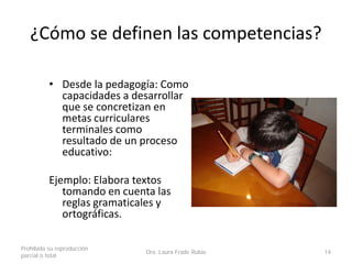 ¿Cómo se definen las competencias?
• Desde la pedagogía: Como
capacidades a desarrollar
que se concretizan en
metas curriculares
terminales como
resultado de un proceso
educativo:
Ejemplo: Elabora textos
tomando en cuenta las
reglas gramaticales y
ortográficas.
Prohibida su reproducción
parcial o total
Dra. Laura Frade Rubio 14
 