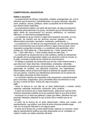 COMPETENCIAS LINGUISTICAS

Hablar y escuchar
− La presentación de dibujos, fotografías, carteles, propagandas, etc. con la
intención que el alumno/a, individualmente o en grupo reducido, describa,
narre, explique, razone, justifique, valore a propósito de la información
que ofrecen estos materiales.
− La presentación pública, por parte del alumnado, de alguna producción
elaborada personalmente o en grupo, simulando que es retransmitida por
algún medio de comunicación (un anuncio radiofónico, un noticiario
televisivo, un documento propagandístico).
− Los debates en grupo entorno a algún tema bastante conocido, no muy
conocido, de manera que los alumnos asuman papeles o roles
diferenciados (animador, secretario, moderador, participando...).
− La exposición en voz alta de una argumentación, de una opinión personal,
de los conocimientos que se tienen entorno a algún tema puntual, como
respuesta a preguntas concretas, o a cuestiones más generales, como
pueden ser: Qué sabes de...? Qué piensas de...? Qué. quieres hacer
con...? Qué valor das a...? Qué consejo darías en este caso...?
− La recreación de situaciones de la vida cotidiana, donde se representan
los papeles de los protagonistas reales (una situación vivida en el aula, en
la calle, conocida a través de los medios de comunicación).
− El diálogo a propósito de situaciones que se han vivido anteriormente y
que ahora son mejor descritas, interpretadas, analizadas, valoradas…
− La simulación de situaciones que se proponen, en las cuales participan
personajes en conflicto, con opiniones contrarias, con expectativas
diferenciadas, donde el alumno/a fingiría la defensa de aquello contrario
a lo que piensa, o tendría que identificarse claramente con la manera de
ser de algún personaje de esta situación.
− La invención colectiva de respuestas ante situaciones o acontecimientos
poco conocidos, imaginados, poco previsibles (Nos encontramos un día
de aquí a veinte 20 años. Vamos de viaje muy lejos).
Leer
− Hacer la lectura en voz alta de un texto determinado y evaluar ciertos
aspectos: velocidad, entonación, corrección, ritmo, fonética.
− A partir de la lectura de un texto determinado, seleccionar cuál de entre
diversas respuestas posibles es la que expresa mejor lo que dice el texto.
− Incorporar en un texto las palabras o ideas que faltan, identificar las que
expresan falsedad, adelantar lo que el texto dirá a medida que se va
leyendo.
− A partir de la lectura de un texto determinado, indicar qué cuadro, qué
representación, que gráfico, qué título de entre diversas posibles pega
más con el conjunto del texto o con alguna parte.
− A partir de la lectura de un texto determinado, elaborar un resumen, hacer
alguna representación gráfica que este relacionada con él, completar un
cuadro o matriz con datos extraídos del texto