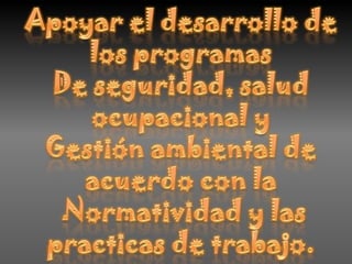 Apoyar el desarrollo de los programas De seguridad, salud ocupacional y Gestión ambiental de acuerdo con la Normatividad y las practicas de trabajo.