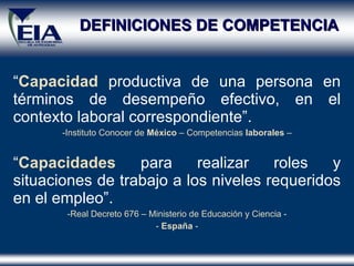 DEFINICIONES DE COMPETENCIA “ Capacidad  productiva de una persona en términos de desempeño efectivo, en el contexto laboral correspondiente” . Instituto Conocer de  México  – Competencias  laborales  – “ Capacidades  para realizar roles y situaciones de trabajo a los niveles requeridos en el empleo” .   Real Decreto 676 – Ministerio de Educación y Ciencia  - -  España  - 