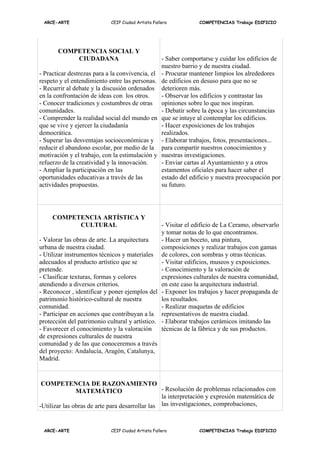 ARCE-ARTE                  CEIP Ciudad Artista Fallero           COMPETENCIAS Trabajo EDIFICIO




       COMPETENCIA SOCIAL Y
           CIUDADANA                                - Saber comportarse y cuidar los edificios de
                                                    nuestro barrio y de nuestra ciudad.
- Practicar destrezas para a la convivencia, el     - Procurar mantener limpios los alrededores
respeto y el entendimiento entre las personas.      de edificios en desuso para que no se
- Recurrir al debate y la discusión ordenados       deterioren más.
en la confrontación de ideas con los otros.         - Observar los edificios y contrastar las
- Conocer tradiciones y costumbres de otras         opiniones sobre lo que nos inspiran.
comunidades.                                        - Debatir sobre la época y las circunstancias
- Comprender la realidad social del mundo en        que se intuye al contemplar los edificios.
que se vive y ejercer la ciudadanía                 - Hacer exposiciones de los trabajos
democrática.                                        realizados.
- Superar las desventajas socioeconómicas y         - Elaborar trabajos, fotos, presentaciones...
reducir el abandono escolar, por medio de la        para compartir nuestros conocimientos y
motivación y el trabajo, con la estimulación y      nuestras investigaciones.
refuerzo de la creatividad y la innovación.         - Enviar cartas al Ayuntamiento y a otros
- Ampliar la participación en las                   estamentos oficiales para hacer saber el
oportunidades educativas a través de las            estado del edificio y nuestra preocupación por
actividades propuestas.                             su futuro.




     COMPETENCIA ARTÍSTICA Y
           CULTURAL                             - Visitar el edificio de La Ceramo, observarlo
                                                y tomar notas de lo que encontramos.
- Valorar las obras de arte. La arquitectura    - Hacer un boceto, una pintura,
urbana de nuestra ciudad.                       composiciones y realizar trabajos con gamas
- Utilizar instrumentos técnicos y materiales de colores, con sombras y otras técnicas.
adecuados al producto artístico que se          - Visitar edificios, museos y exposiciones.
pretende.                                       - Conocimiento y la valoración de
- Clasificar texturas, formas y colores         expresiones culturales de nuestra comunidad,
atendiendo a diversos criterios.                en este caso la arquitectura industrial.
- Reconocer , identificar y poner ejemplos del - Exponer los trabajos y hacer propaganda de
patrimonio histórico-cultural de nuestra        los resultados.
comunidad.                                      - Realizar maquetas de edificios
- Participar en acciones que contribuyan a la representativos de nuestra ciudad.
protección del patrimonio cultural y artístico. - Elaborar trabajos cerámicos imitando las
- Favorecer el conocimiento y la valoración     técnicas de la fábrica y de sus productos.
de expresiones culturales de nuestra
comunidad y de las que conoceremos a través
del proyecto: Andalucía, Aragón, Catalunya,
Madrid.


 COMPETENCIA DE RAZONAMIENTO
               MATEMÁTICO                        - Resolución de problemas relacionados con
                                                 la interpretación y expresión matemática de
-Utilizar las obras de arte para desarrollar las las investigaciones, comprobaciones,


 ARCE-ARTE                  CEIP Ciudad Artista Fallero           COMPETENCIAS Trabajo EDIFICIO
 
