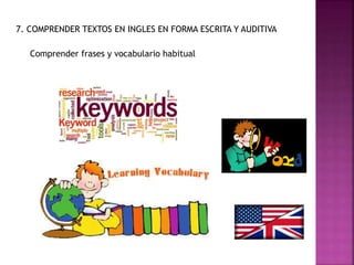 7. COMPRENDER TEXTOS EN INGLES EN FORMA ESCRITA Y AUDITIVA
Comprender frases y vocabulario habitual
 