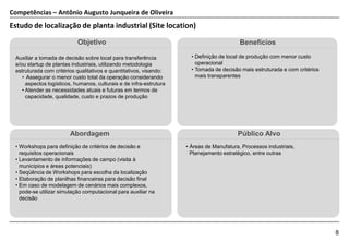 Competências – Antônio Augusto Junqueira de Oliveira
Estudo de localização de planta industrial (Site location)

                           Objetivo                                                        Benefícios

 Auxiliar a tomada de decisão sobre local para transferência           • Definição de local de produção com menor custo
 e/ou startup de plantas industriais, utilizando metodologia             operacional
 estruturada com critérios qualitativos e quantitativos, visando:      • Tomada de decisão mais estruturada e com critérios
    • Assegurar o menor custo total da operação considerando             mais transparentes
      aspectos logísticos, humanos, culturais e de infra-estrutura
    • Atender as necessidades atuais e futuras em termos de
      capacidade, qualidade, custo e prazos de produção




                        Abordagem                                                         Público Alvo
 • Workshops para definição de critérios de decisão e                • Áreas de Manufatura, Processos industriais,
   requisitos operacionais                                             Planejamento estratégico, entre outras
 • Levantamento de informações de campo (visita à
   municípios e áreas potenciais)
 • Seqüência de Workshops para escolha da localização
 • Elaboração de planilhas financeiras para decisão final
 • Em caso de modelagem de cenários mais complexos,
   pode-se utilizar simulação computacional para auxiliar na
   decisão




                                                                                                                              8
 